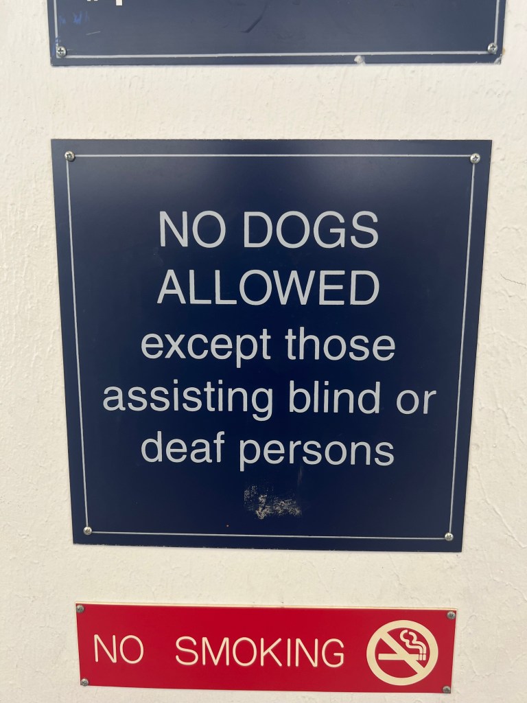 Navy blue sign with white lettering hanging on a cream-colored wall above a red "NO SMOKING" sign. The navy blue sign reads: "NO DOGS ALLOWED except those assisting blind or deaf persons."
